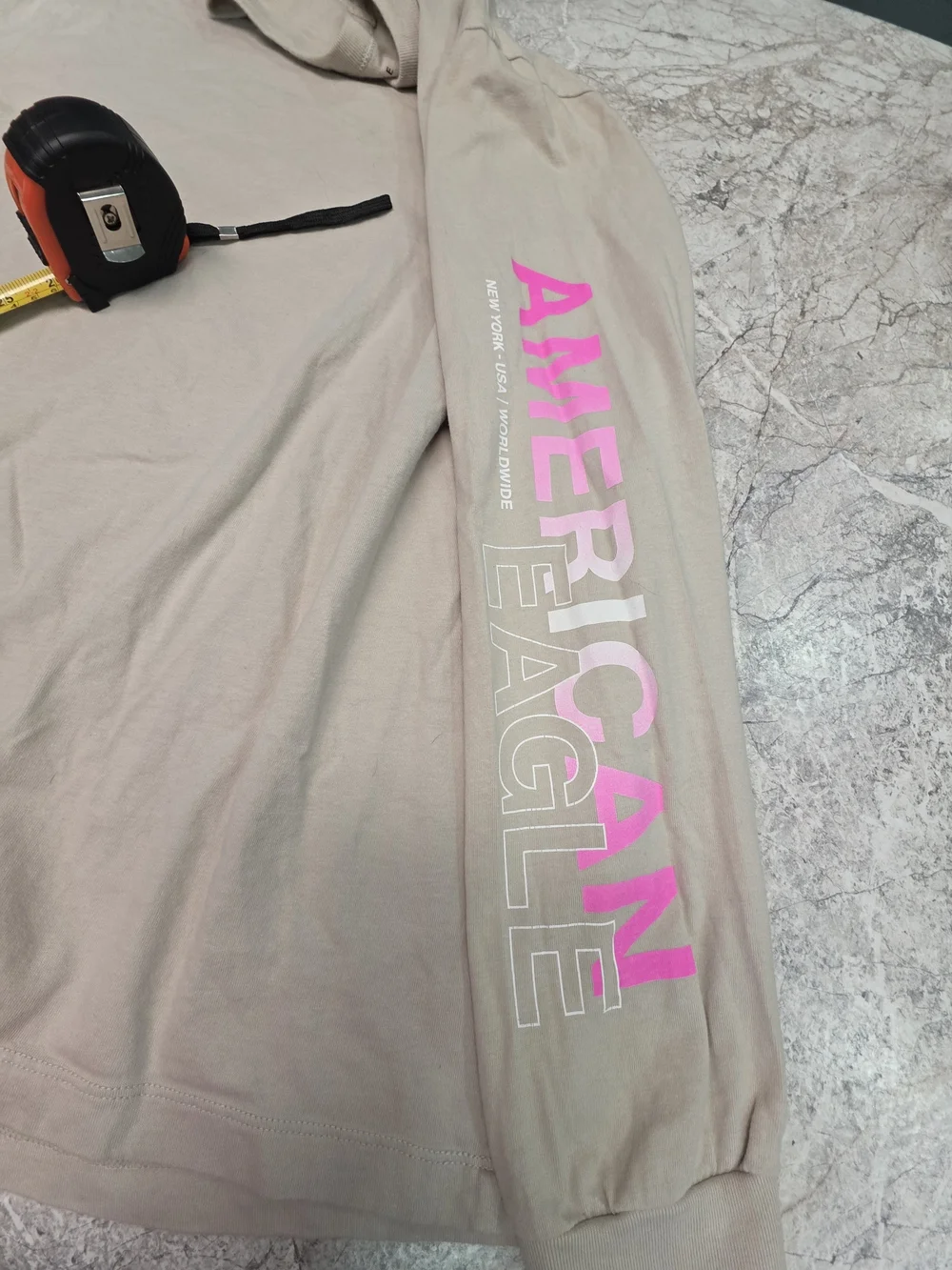 American Eagle Outfitters Tan And Pink Long-Sleeve Crewneck Graphic TShirt